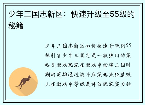 少年三国志新区：快速升级至55级的秘籍